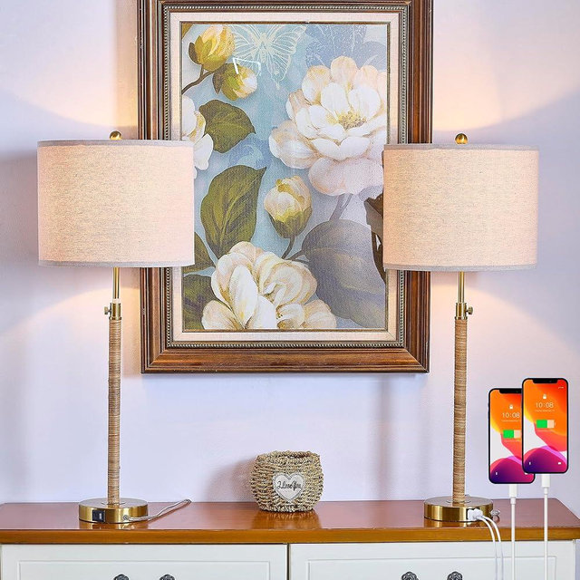 Maxax Rattan Buffet Table Lamp Set of 2 for Living Room, 26" to 33" Height Adjustable Tall Skinny Farmhouse Gold Bedside Nightstand Lamp with USB A+C Ports for Bedroom End Table