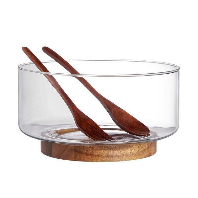 LiTY Glass Salad Bowl Set, 9″ Medium Salad Servers with Acacia Wood Base and Salad Serving Utensils, for Party, Fruits, Popcorn, Chips, Pasta, Kitchen Must-Have