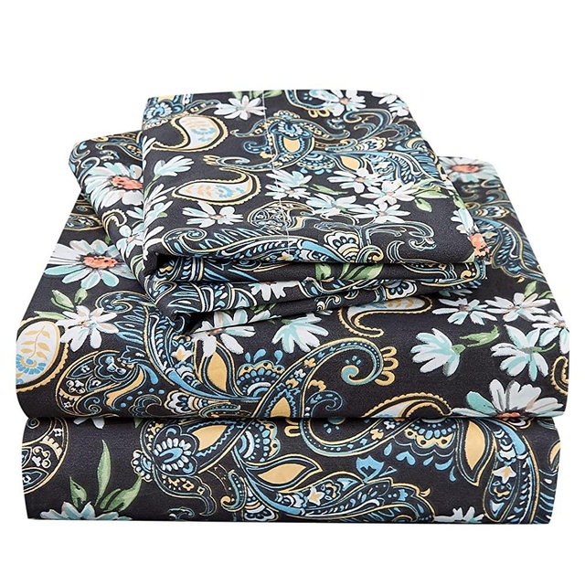 JSD Queen Paisley Floral Print Sheet Set 4 Piece Black Pattern Soft Microfiber Bedding Sheets 15" Extra Deep Pocket