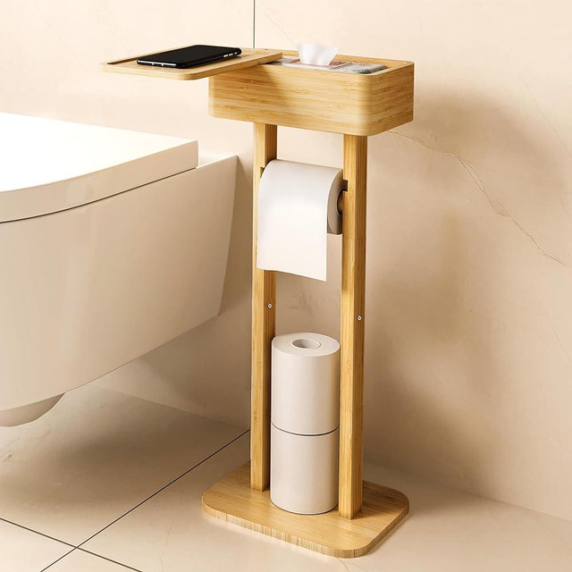 Wealone 4-in-1 Toilet Paper Holder Stand with Storage Shelf Box, Bamboo Free Standing Toilet Tissue Paper Roll, Toilet Wipes Dispenser Organizer, Temporary Desktop for Bathroom (Patent Protection)