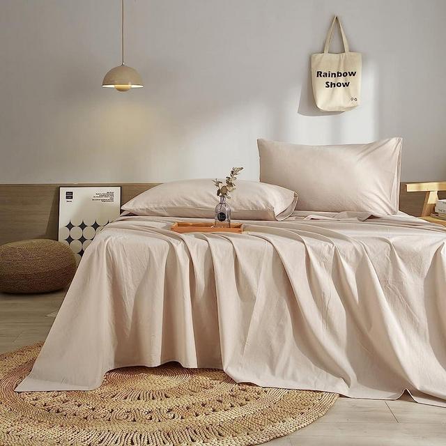Luxury 100% Washed Cotton Sheets Set 4 Piece Beige Bedding Sheets, Soft Cooling Sheets for King Size Bed, Deep Pockets Cotton Bedding Sheets & Pillowcases Set, Easy Fit Fitted Sheets