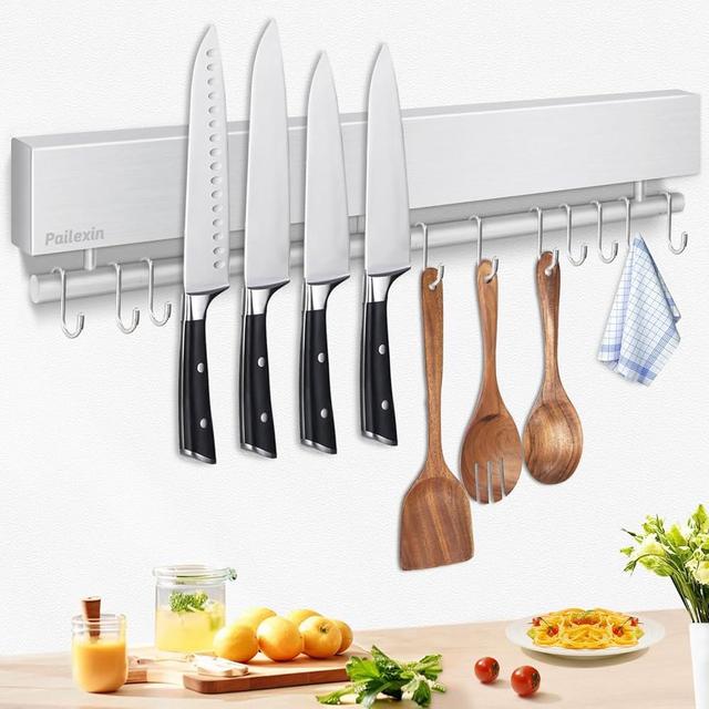 Pailexin 17 inch Magnetic Knife Holder with 10 Hooks, No Drilling Wall Mount, Powerful Magnet Rack