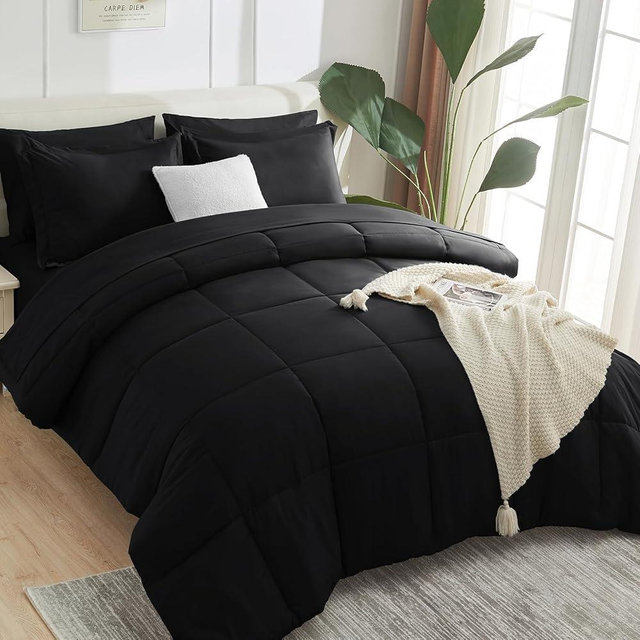 CozyLux King Size Comforter Set - 7 Pieces Bed in a Bag Set Black King, Complete Bedding Sets Bed Set for All Season with Comforter, Flat Sheets, Fitted Sheet, Pillowcases & Shams