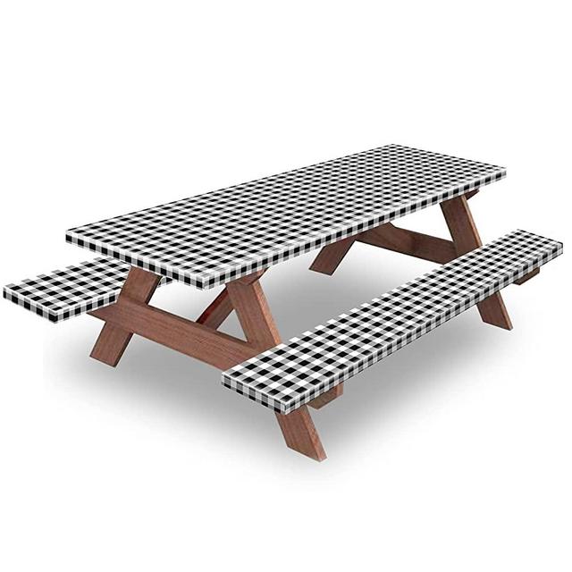 Picnic Table and Bench Fitted Tablecloth Cover, 3-Piece Set, KENOBEE Flannel Backing Elastic Edge Waterproof Wipeable Plastic Cover Vinyl Tablecloth for Home Goods Indoor Outdoor Patio, Black-White