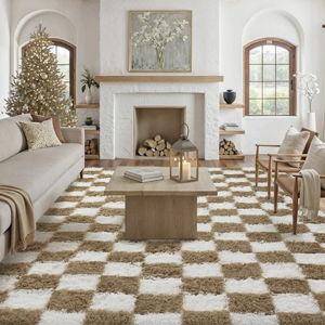 Checkered Rug 8x10 for Living Room, Brown and White Modern Shag Rugs Super Soft Washable Indoor Office Fuzzy Carpet Non-Slip Fluffy Rugs for Bedroom Home Aesthetic Decor