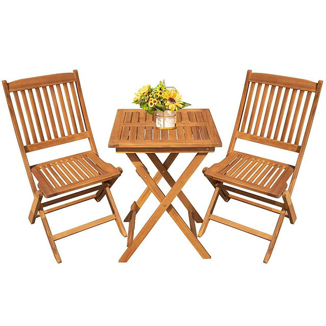 Devoko Outdoor 3 Piece Folding Patio Bistro Set Acacia Wood Bistro Table and Chairs Set of 2 for Garden Poolside Backyard Balcony Porch Deck