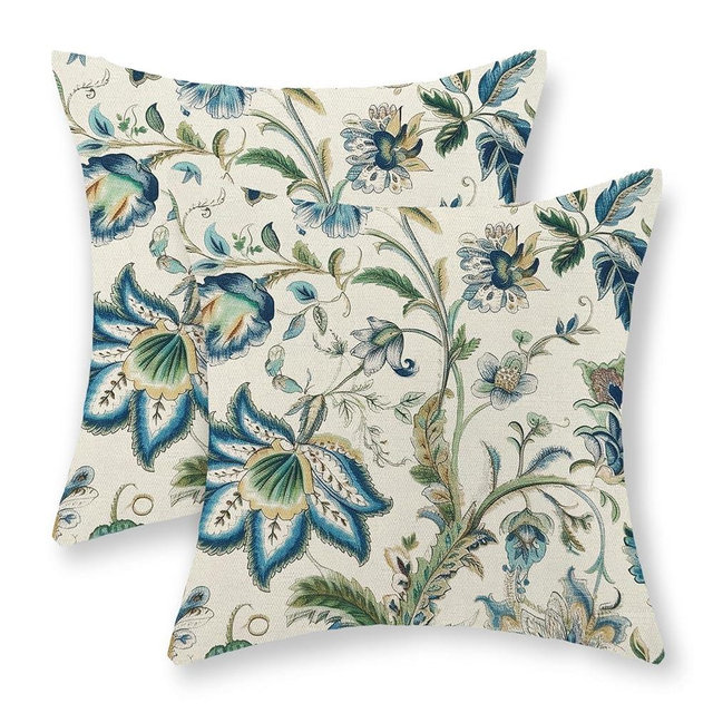 GOLIANDA Blue Green Pillow Covers 18x18 Set of 2 Sage Green Chinoiserie Floral Throw Pillows Boho Vintage Flowers Decorative Pillowcase Outdoor Chinoiserie Decor Farmhouse Cushion Case for Couch Sofa