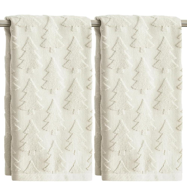 Artoid Mode 2 Pcs Beige 3D Xmas Tree Jacquard Christmas Hand Towels for Bathroom, 100% Cotton Soft Absorbent Bathroom Decor Towels, 13.7 x 29.5 Inch