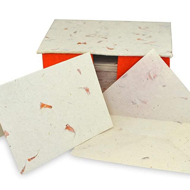 Nepali Cherish Greeting Card & Envelope Deluxe Box Set with Handmade Lokta Paper from Nepal, 25 Cards (Marigold)