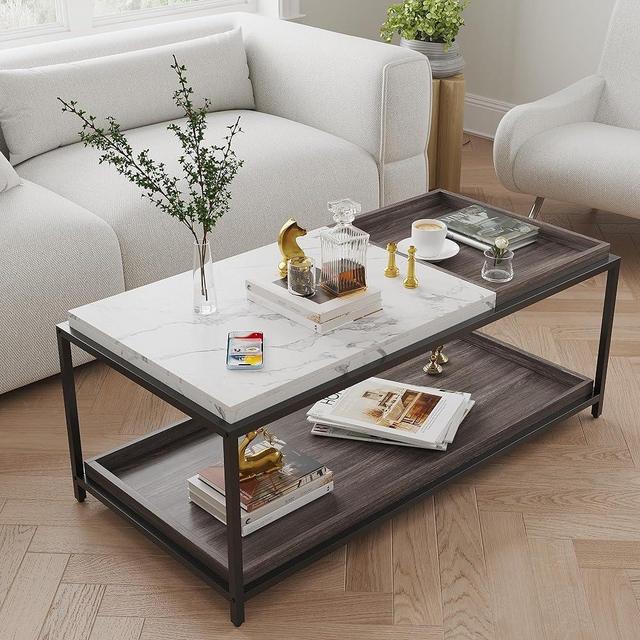 ODIKA Faux Marble Coffee Table for Living Room with 2 Removable Trays, 47’’ Living Room Table, Wood Coffee Table, Modern Coffee Table, White & Walnut Coffee Table, Small Coffee Table, Tea Table