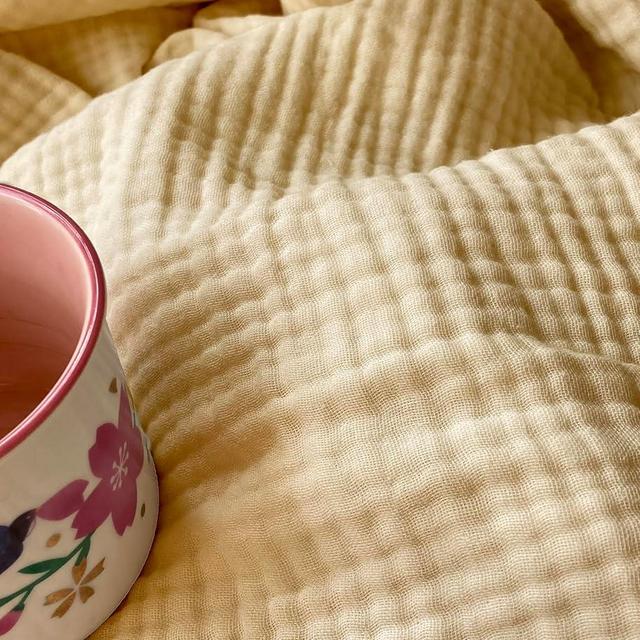 KyraHome 100% Organic Muslin Blanket 90"x104" King Cotton Throw Blanket for Adults Couch. Pre-Washed Plant Dyed, Breathable Soft Gauze Blanket, All Season (Shortbread/Creamy)