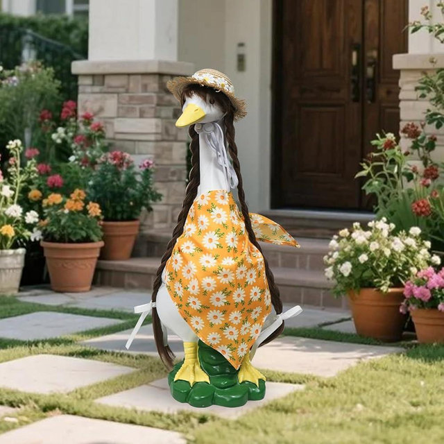 Porch Goose Outfits Statue Decor-20" Large Goose Decrations, Resin Sculpture Wear Yellow Daisy Scarf Clothing, Funny Goose, Big Duck Statue for Yard Lawn Housewarming Birthday Gifts for Mom,Women,Girl