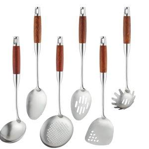 Stainless Steel Kitchen Utensils Set with Wood Handle, 18/10 Metal Cooking Utensils Set, 6-Piece - Spatula, Spoon, Ladle, Skimmer, Slotted Spoon, Pasta