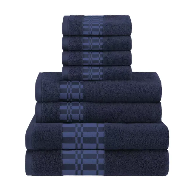 100% Cotton Medium Weight Geometric Border 8 Piece Assorted Bathroom Towel Set, Navy-Blue - Blue Nile Mills