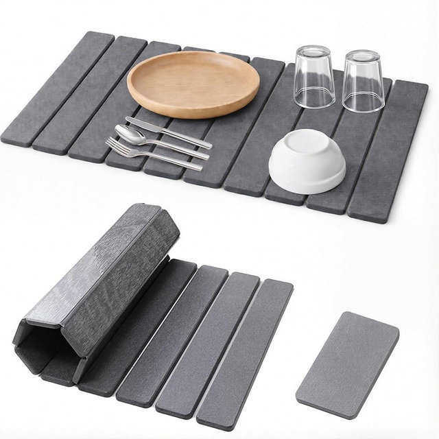 2 Pcs Large Stone Dish Drying Mat For Kitchen Counter, 24"×16" Collapsible Quick Stone Dry Dish Mat, Absorbent Diatomaceous Earth Mats For Bottles Cups Match Any Countertop (Dark Gray 2, 24" x 16")