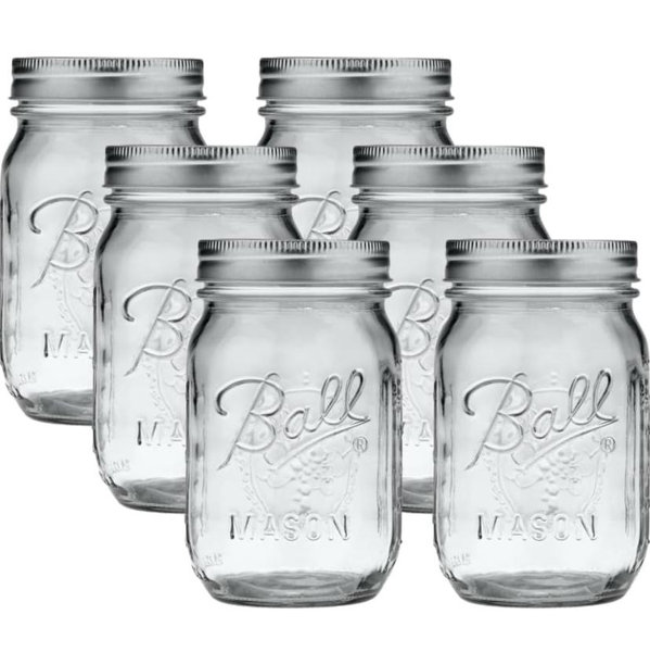 16 oz, Regular - Ball Regular Mouth Glass Mason Jars with Lids and Bands, Used for Canning (Pint, 16 Ounce (Pack of 6))