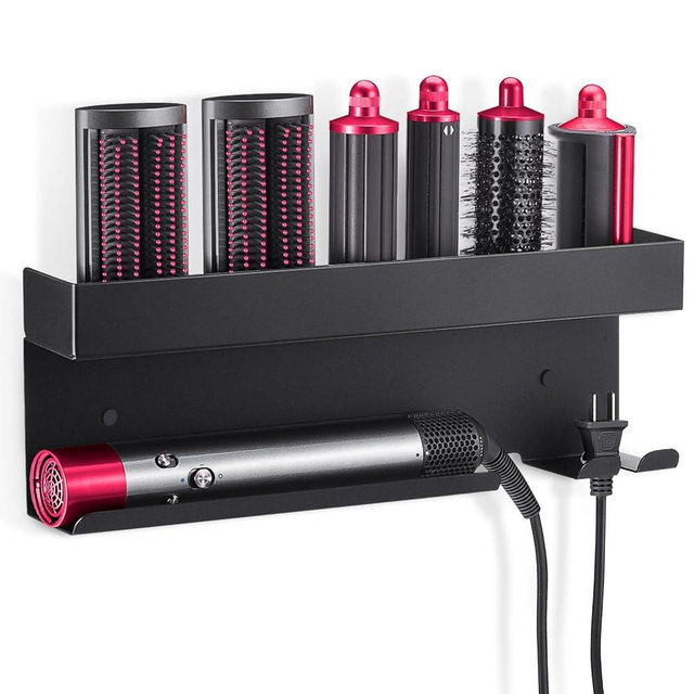 Zenymb Wall Mount Holder Compatible with Dyson Airwrap Styler, Black Storage Rack Organizer for Hair Curling Iron & Attachments, Space-Saving Bathroom Bracket Stand, No-Drill Installation