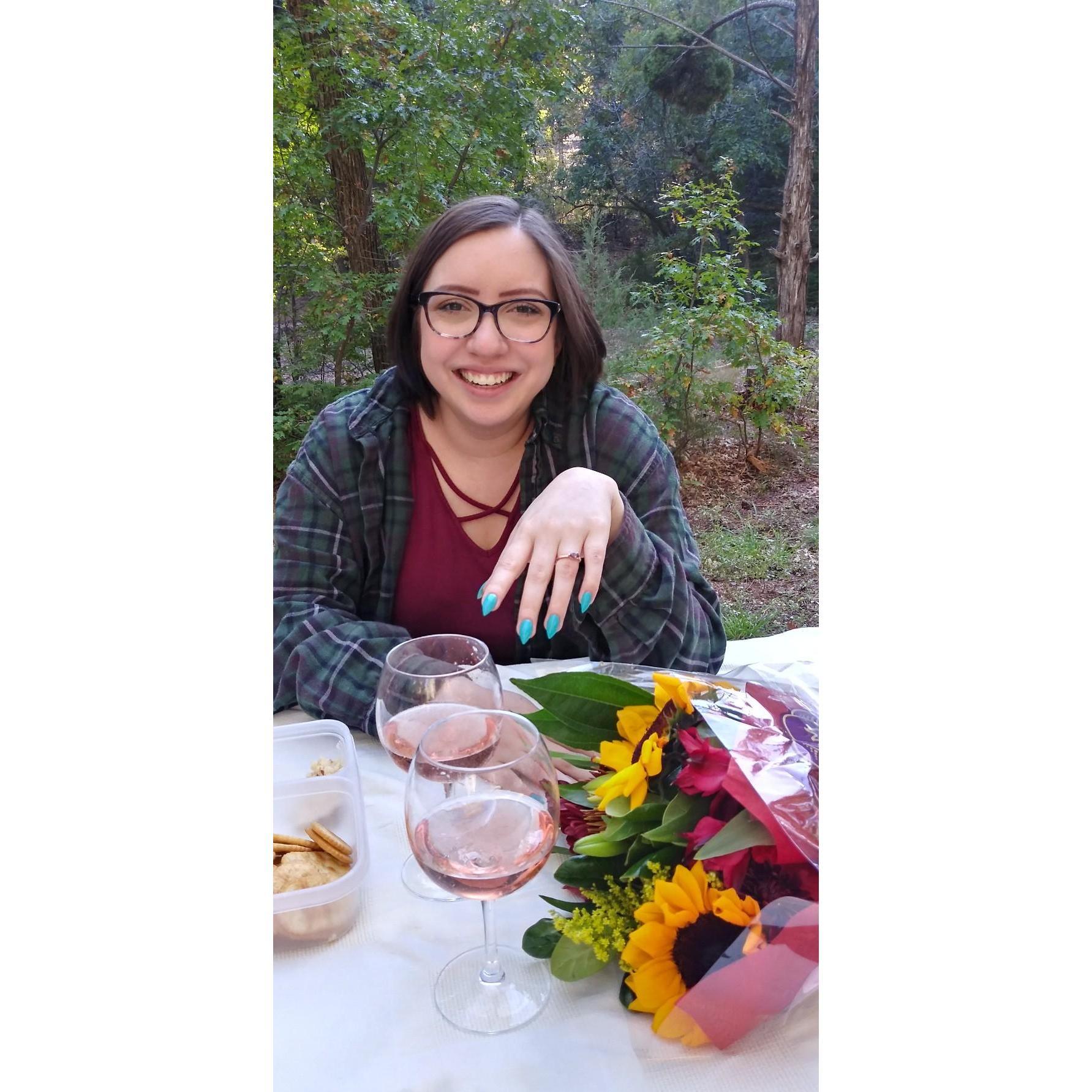 After the proposal, Peter and Alex hiked back down the mountain and had a nice dinner with flowers and wine in a picnic area!