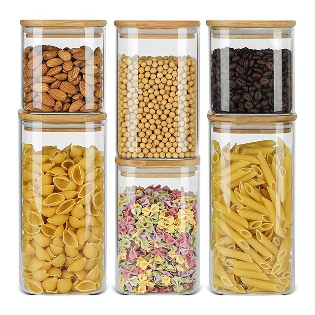 ComSaf Airtight Glass Storage Canister with Bamboo Lid (22oz/37oz/50oz) Set of 6, Clear Food Storage Container Kitchen Pantry Storage Jar for Flour Cereal Sugar Tea Coffee Beans Snacks, Square