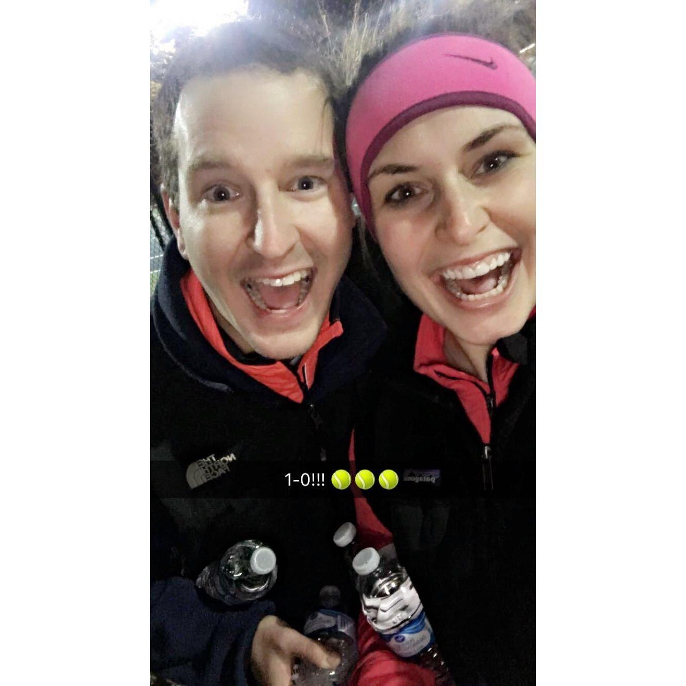 Playing (winning) in our mixed doubles tennis league.