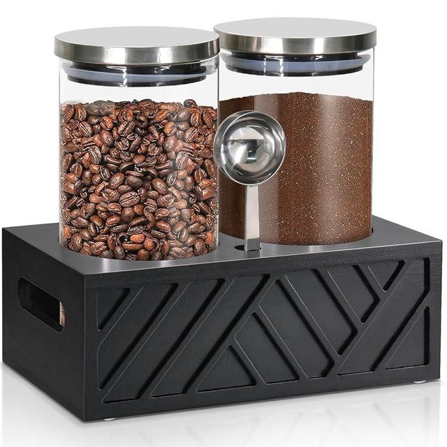 Glass Coffee Containers with Shelf, Coffee Bar Accessories Organizer with Drawer, Coffee Bean Storage Container with Airtight Lids, Coffee Container for Ground Coffee, Food Storage Jars for Kitchen