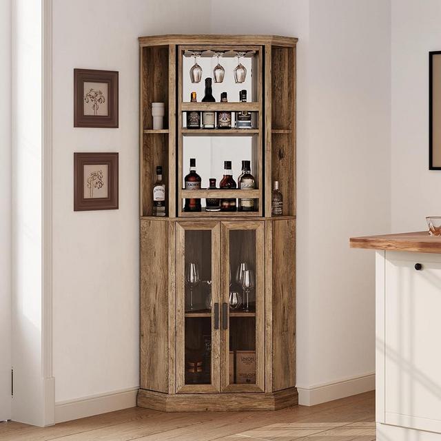 LINSY HOME Corner Bar Cabinet, 68.5" Tall Farmhouse Wine Cabinet with Rotating Liquor Shelves, Home Bar Cabinet with Barn Door & Adjustable Shelves for Dining Room, Living Room, Kitchen (Brown)