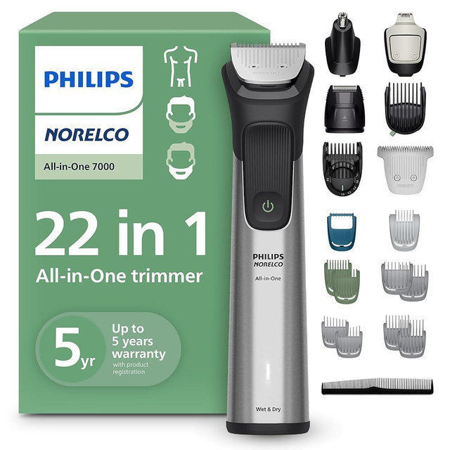 Philips Norelco All-in-One 7000 Series 22-Piece Trimmer - Electric Shaver and Clipper for Face, Beard, Head & Body, Self-sharpening Full Metal Blades, 28 Length Settings (0.5-16 mm), MG7975/49