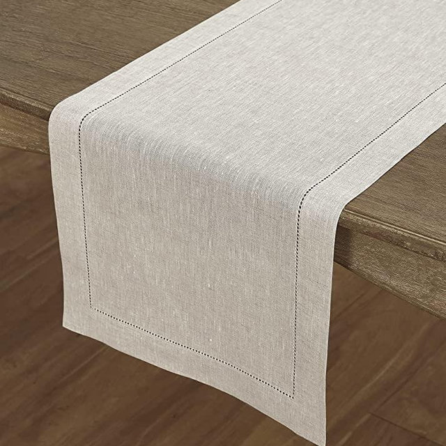 Solino Home 100% Pure Linen Hemstitch Table Runner - 14 x 72 Inch, Handcrafted from European Flax, Machine Washable Classic Hemstitch - Light Natural
