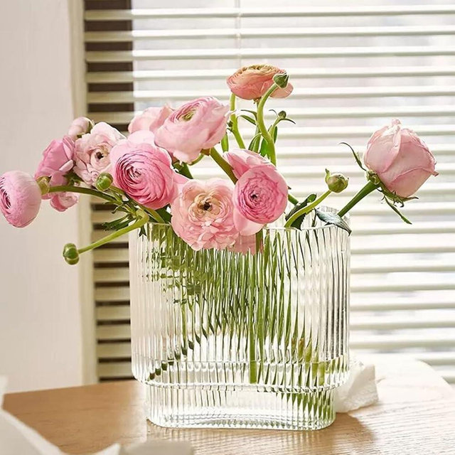 TOPZEA Ribbed Glass Vases, 8" H Large Clear Modern Fluted Vases Wide Mouth Decorative Elegant Rectangle Vase for Bouquet, Centerpiece, Wedding, Coffee Table, Shelf, Entryway, Home Decor