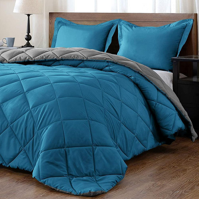 downluxe Lightweight Solid Comforter Set (Queen) with 2 Pillow Shams - 3-Piece Set - Ocean and Gray - Down Alternative Reversible Comforter