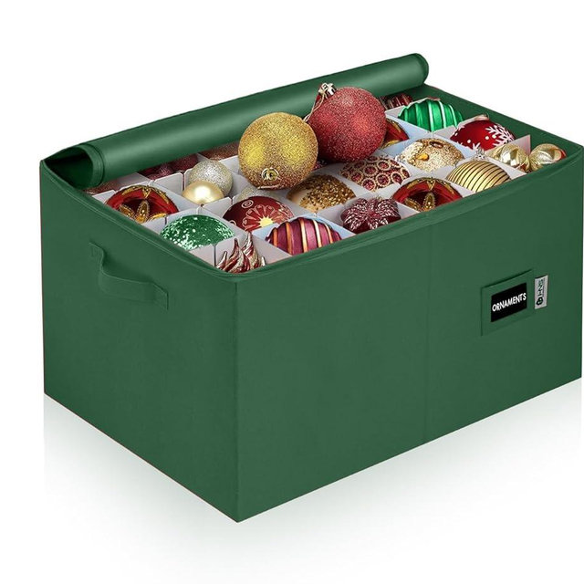Christmas Ornament Storage Container with Dividers -Box Stores Up to 96-4" Ornaments, Zippered, Convenient, Adjustable, Heavy Duty 600D, Large Organizer Bin to Protect and Store Holiday Décor