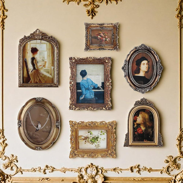 Wonderjune 7 Pcs Vintage Picture Frames with Glass Front Antique Gold Photo Frame for 4x6, 5x7 Baroque Victorian for Home Decor Photography Props Gifts, Wall Hanging or Stand, Tabletop