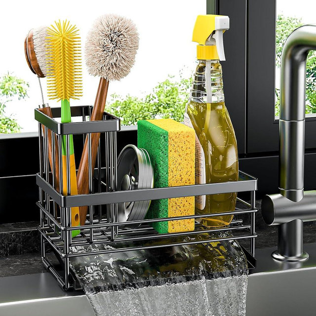 Cisily Sink Caddy Sponge Holder for Kitchen with Brush Holder and Stainless Steel Self Drain Tray, Rustproof Kitchen Sink Organizer for Sponge, Soap Dispenser Storage Accessories (Black)