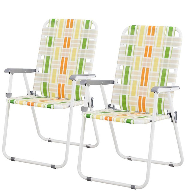 Vasitelan Patio Lawn Chairs Folding Chairs Set of 2, Webbed Folding Chair Outdoor Beach Chair Portable Camping Chair for Yard, Garden (Yellow & Green)