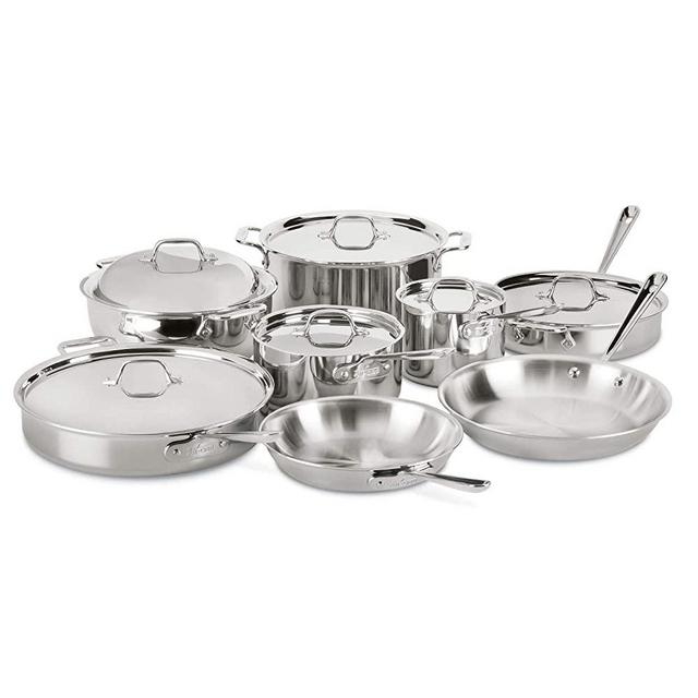 All-Clad Stainless Steel Tri-Ply Bonded Dishwasher Safe Cookware Set, 14-Piece, Silver