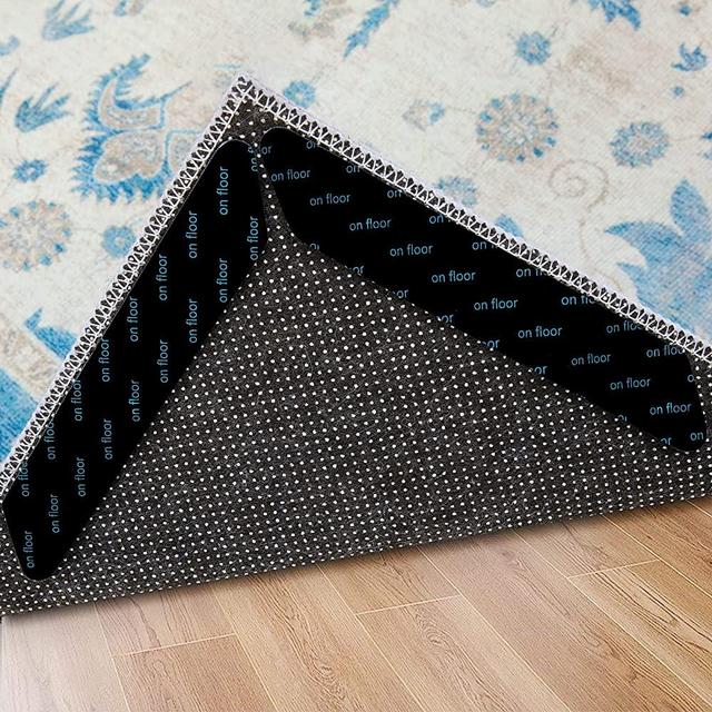 12 PCS Rug Tape, Washable Prevent Curling Rug Stickers Corner Side Gripper for Hardwood Floor, Double Sided Non-Slip Carpet Tape,Grip Your Rug Reusable Durable Rug Stoppers for Area Rugs (12, Black)