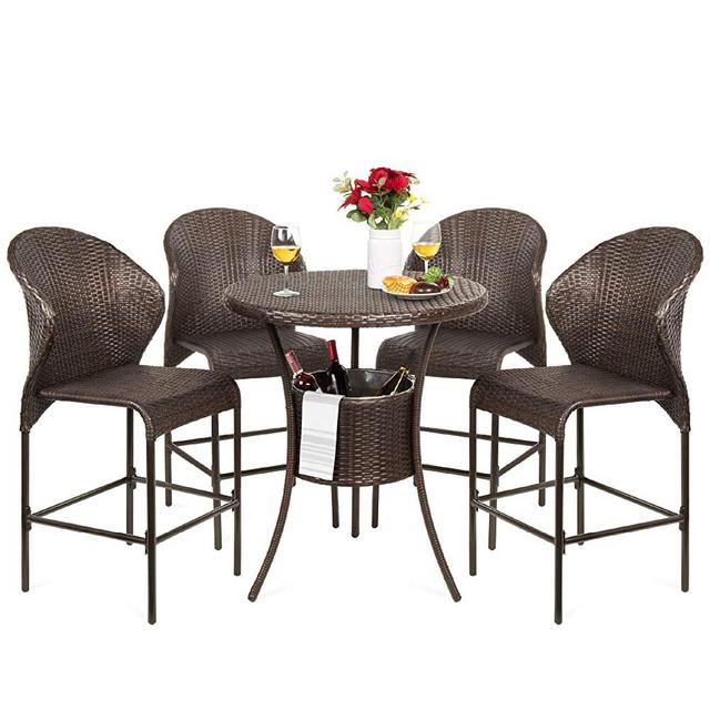 Best Choice Products 5-Piece Outdoor Wicker Bar Table Bistro Set Dining Furniture for Patio, Backyard w/Built-in Ice Bucket, 4 Chairs - Brown
