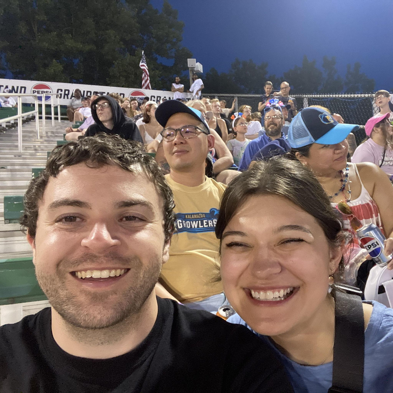 Our favorite thing to do in Kalamazoo is attend Growler's games! This is us at the Fourth of July game in 2025. We can always rope in a few friends for fun night βΎοΈ