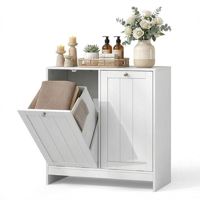 Tilt-Out Double Laundry Hamper Cabinet with 2 Removable Baskets,11.8 Gallon Laundry Cabinet for Small Bathroom, Apartment Laundry Room, Hidden Laundry Basket Cabinet White