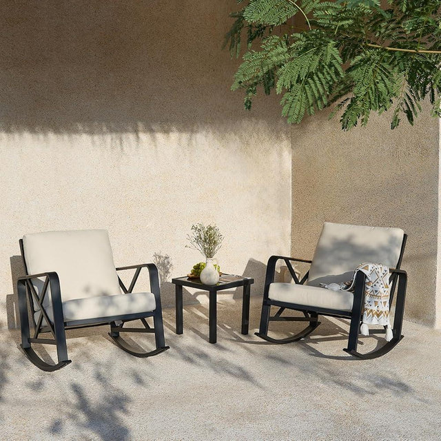 Tribesigns Outdoor Rocking Chair Set, Patio Furniture Sets, Waterproof Rocking Chair with Thick Cushion, Metal Rocker for Balcony (Beige, 3PCS Rocking Bistro Set)