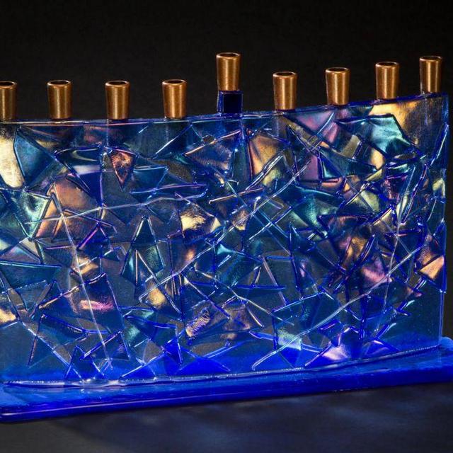 Daryl Cohen - S Curve Blue and Dichroic Fused Glass Menorah