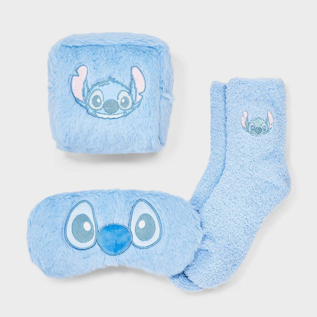 Women's Lilo & Stitch Embroidered Faux Fur 3pk Cozy Gift Set with Reusable Pouch, Cozy Socks and Eye Mask - Blue 4-10