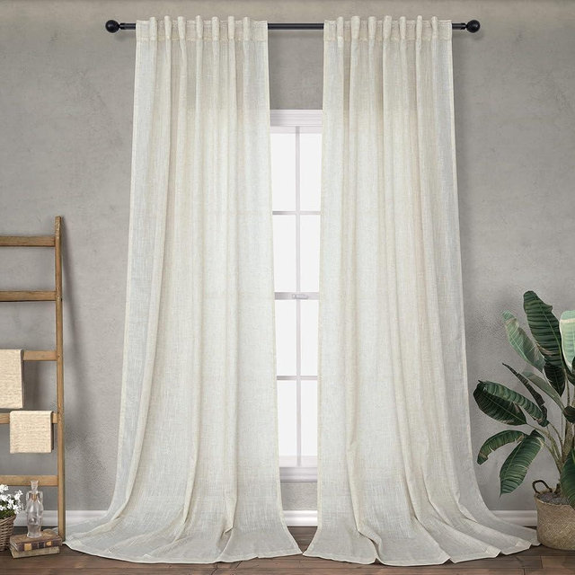 Natural Linen Back Tab Curtains 108 Inches Long for Living Room 2 Panels Set Back Tab Loop Pocket Drapes Light Filtering Semi Sheer Soft Muslin Cotton Textured Cream Curtain for Large Window 9 FT Tall