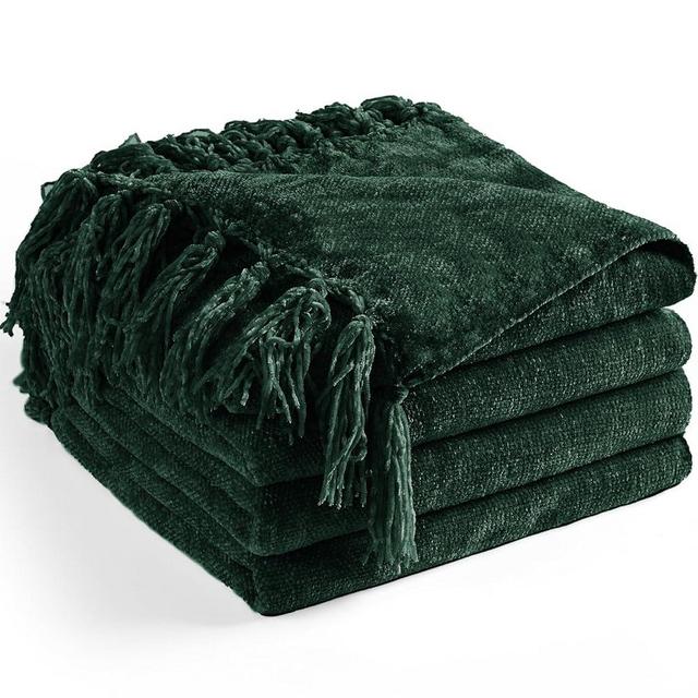 LONG CREATE Chenille Throw Blanket for Couch 60"X 80" Twin, Soft Cozy Throws with Fringe Tassel for Bed Sofa Chair, Lightweight Knitted Decorative Farmhouse Boho Blankets for Gift, Dark Green