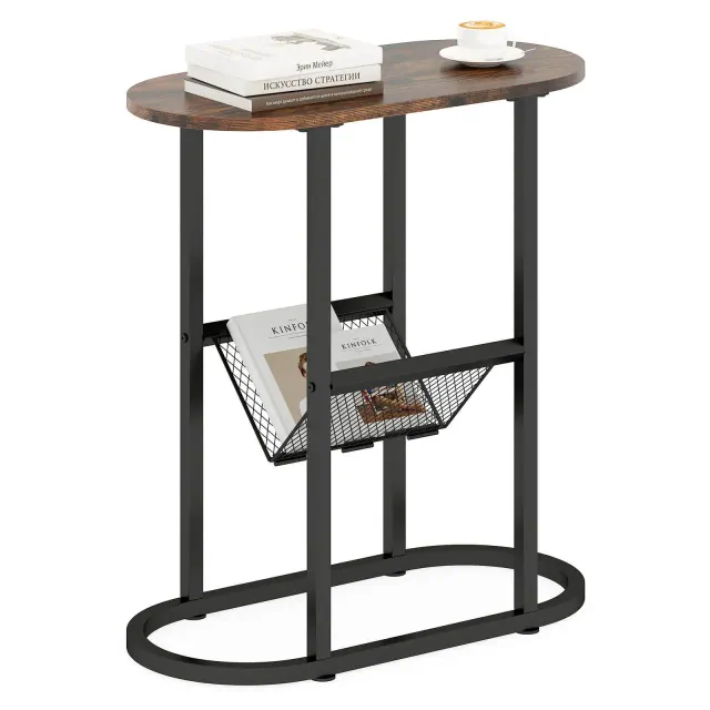 Costway 2-tier Side Table Oval Narrow End Table Nightstand Bedside Table Brown