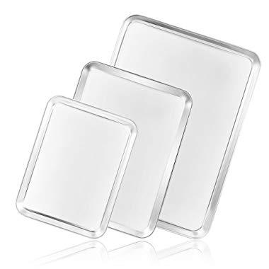 Cookie Sheet Baking Sheet Set of 3, Bastwe Commercial Grade Stainless Steel Baking Pan, Professional Bakeware Oven Tray, Healthy & Non-toxic, Rust Free & Mirror Finish, Easy Clean & Dishwasher Safe