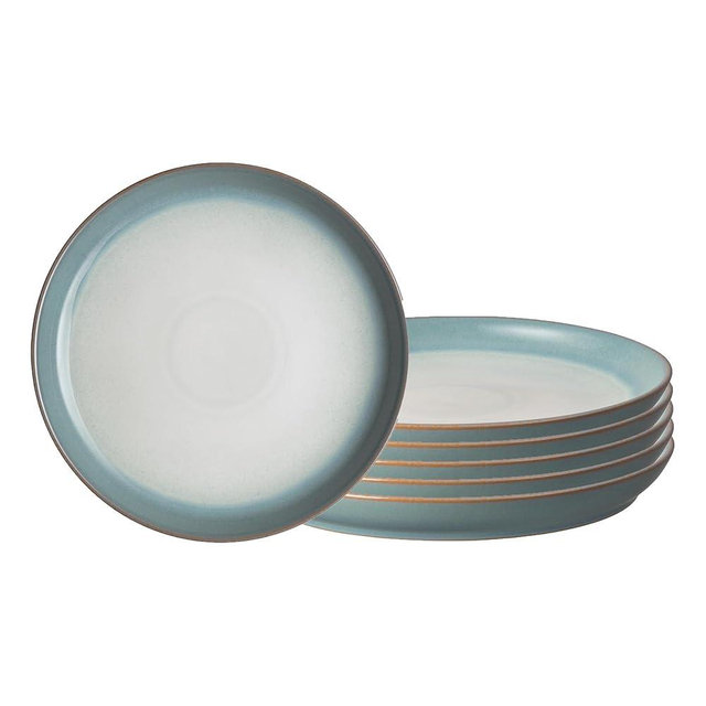 Denby - Azure Haze Coupe Dinner Plates Set of 6-10.25 Inch - Dishwasher Microwave Oven Safe - Reactive Blue Teal Glaze Large Ceramic Stoneware Plates - Scratch Chip Resistant
