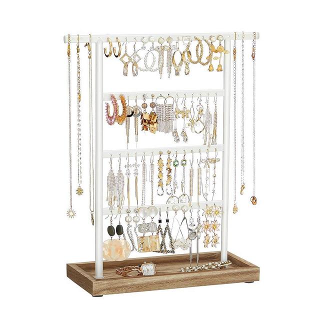SONGMICS Jewelry Organizer, 4-Tier Earring Holder Organizer Stand with Base Tray, for Studs and Necklaces, Vintage, Wood Color and White UJJS019W01