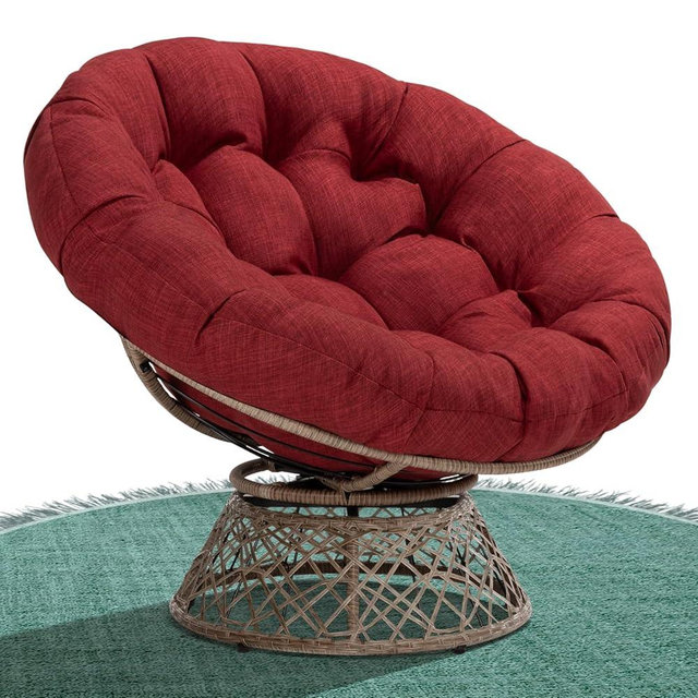 Bme 40" Ergonomic Wicker Papasan Chair with Soft Thick Density Fabric Cushion, High Capacity Steel Frame, 360 Degree Swivel for Living, Bedroom, Reading Room, Lounge, Cherry Sangria-Brown Base