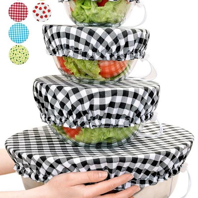 Large US Size for Handmade Reusable Cotton Fabric Bowl Covers - Two Layers of Fabric (Set of 4, Black plaid-1)